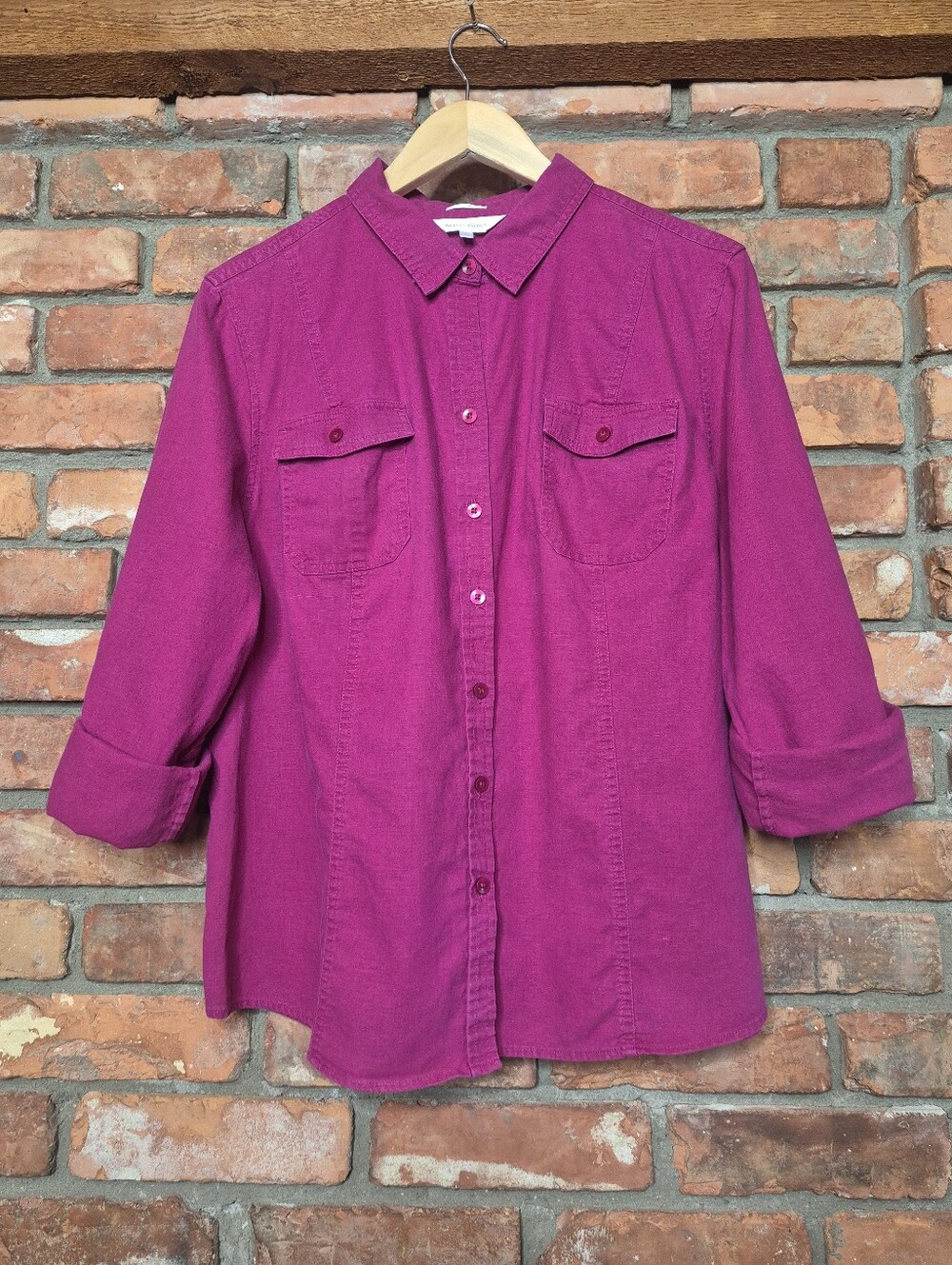 Northern Reflections Linen Cotton Utility Shirt Roll Tab Button Front Fuchsia